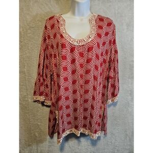 Escapada Womens Red White Print 3/4 Sleeve Beaded Embellished Tunic Size M EUC
